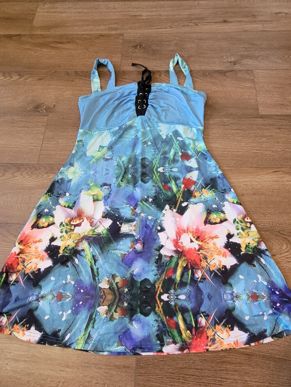 Girls Blue Floral A-Line Dress with Lace-Up Bodice